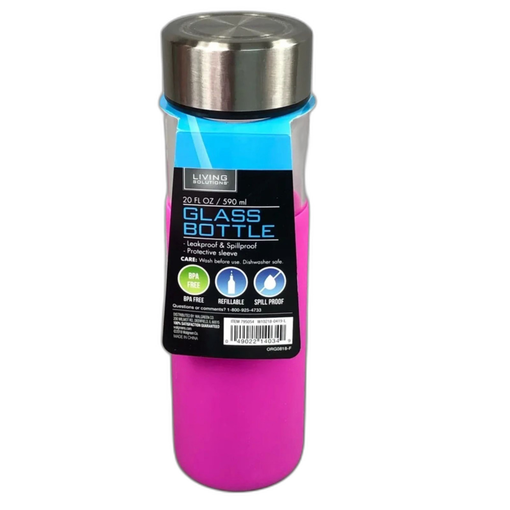 Living Solutions Pink BPA‑Free Glass Bottle • Silicone Sleeve • Leak‑Resistant
